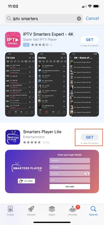 IPTV Smarters Pro app listing in Apple App Store