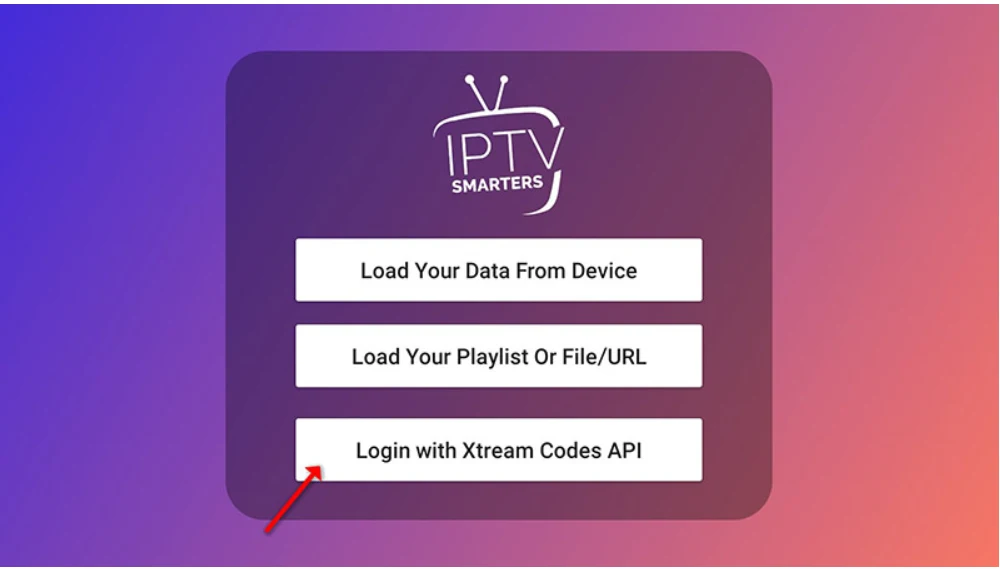 IPTV Smarters Pro login method selection showing Xtream Codes API option